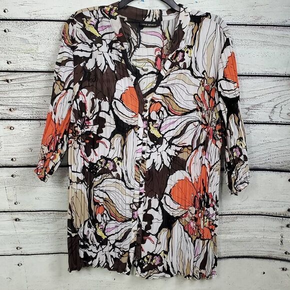 Lane Bryant 2x Brown Floral Crinkle Button Front Blouse - Picture 1 of 7